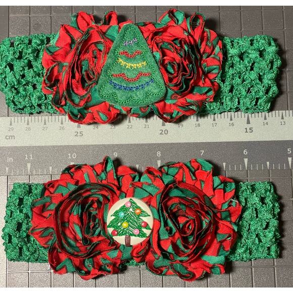 Baby Toddler Flower  Headbands Christmas Tree- Set of 2 green red handmade - Picture 3 of 5